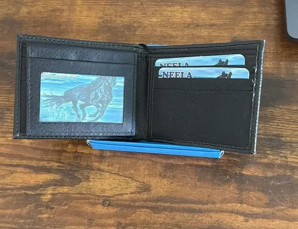 Neela Collection Faux Black Leather Bi-fold Men’s Wallet with Horse Cabachon